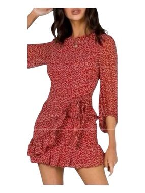 PRINCESS POLLY Floral Mock Wrap Mini Dress, 3/4 Length Sleeves, Size 4.